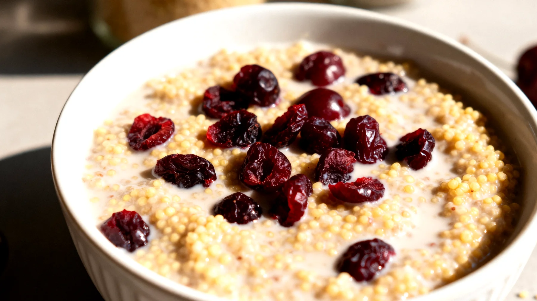 Porridge di miglio con latte di canapa e ciliegie essiccate"