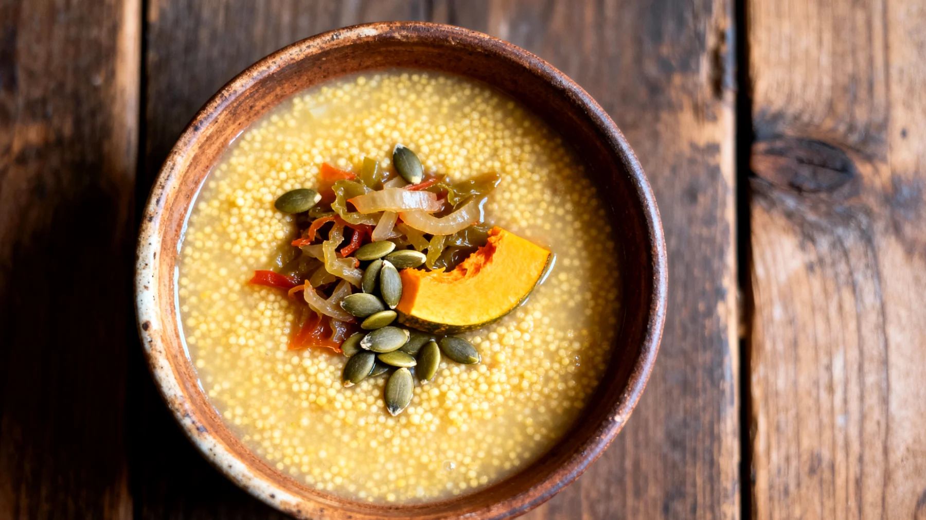 Zuppa di miglio con verdure fermentate e semi di zucca"