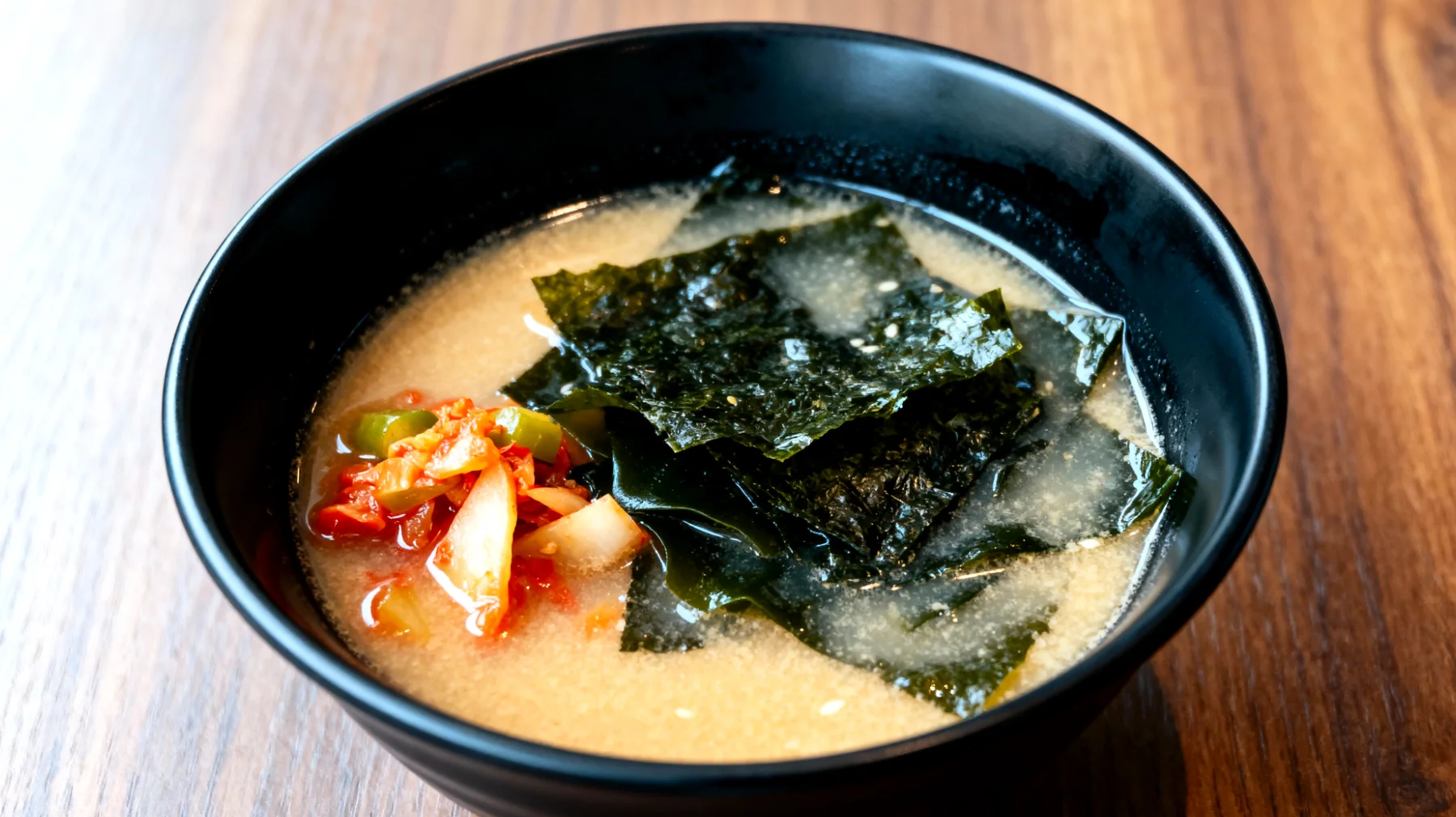 Zuppa di miso con verdure fermentate e alga wakame"