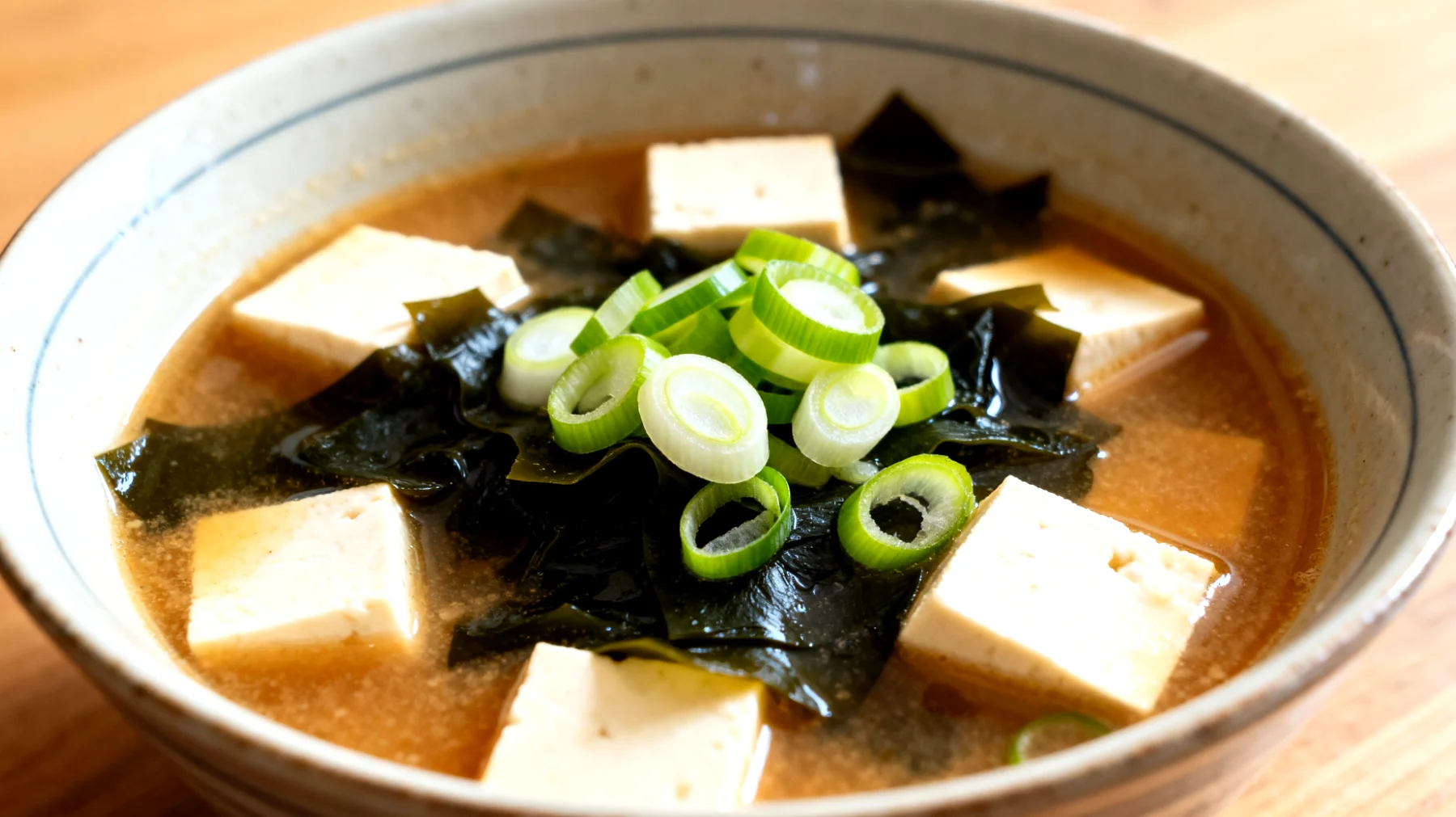 Zuppa di miso con wakame, tofu e cipollotto"