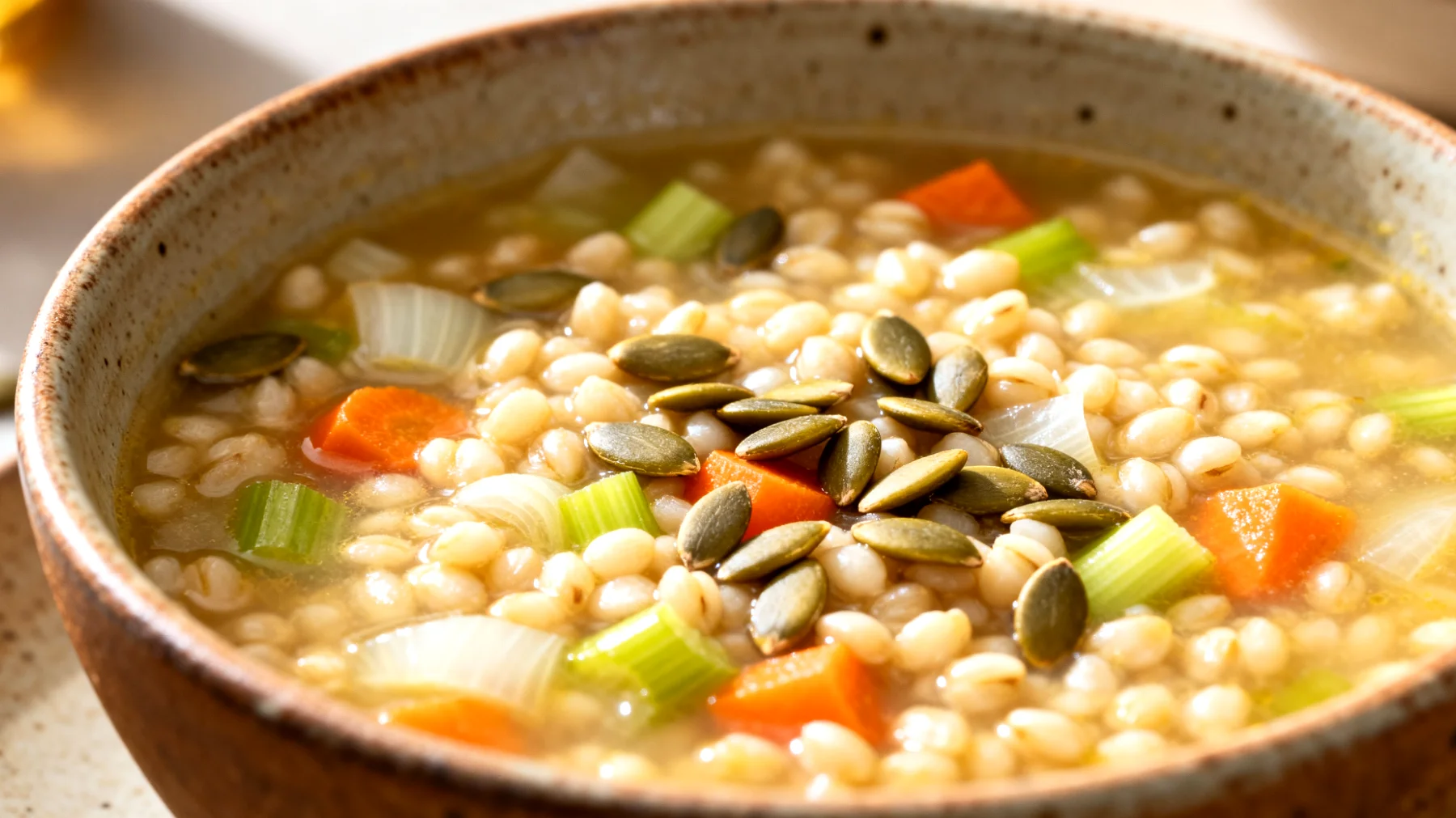 Zuppa di orzo perlato con verdure e semi di zucca"