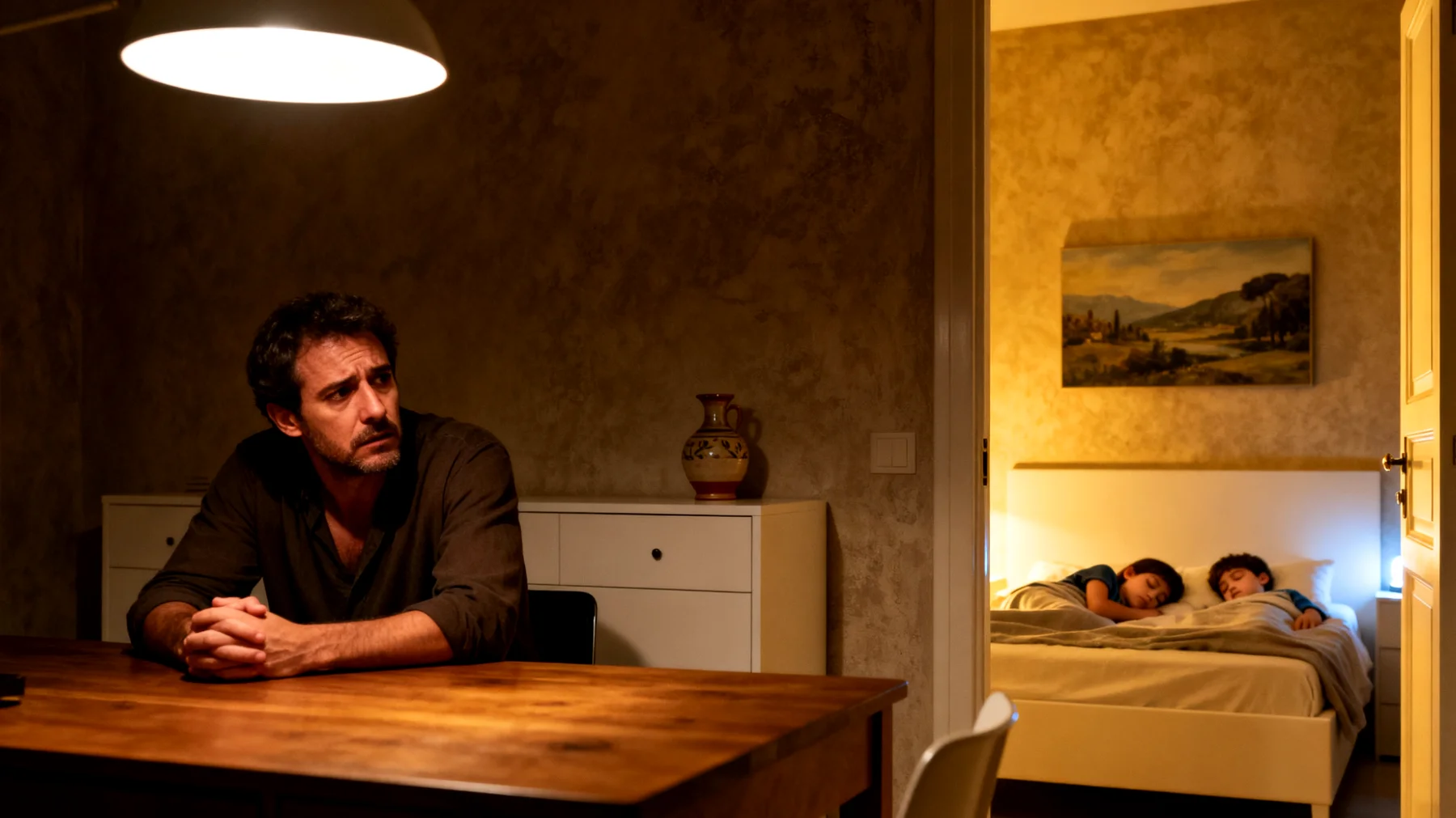 Un papà è preoccupato per il futuro dei suoi bambini in età scolare e si sente ansioso pensando alle loro possibilità lavorative, alla loro capacità di affrontare le sfide del mondo moderno e teme di non riuscire a prepararli adeguatamente, oscillando tra il desiderio di proteggerli e quello di renderli autonomi."