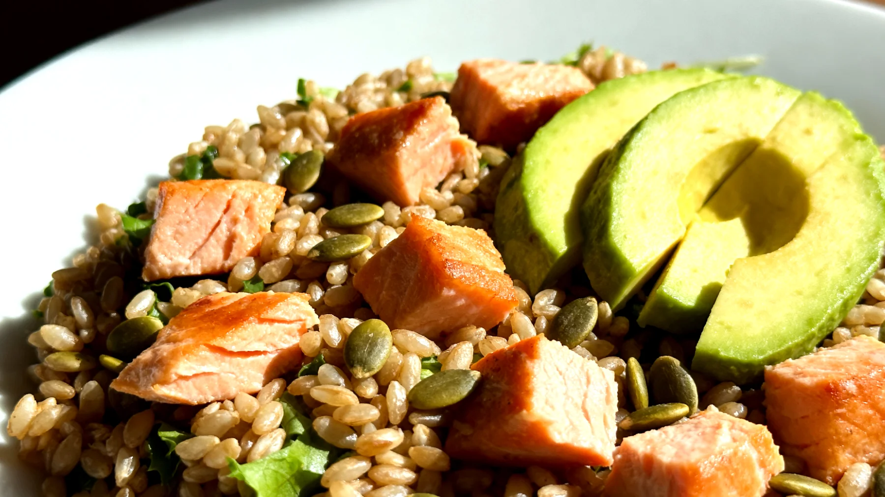 Insalata di farro con salmone selvaggio, avocado e semi di zucca"