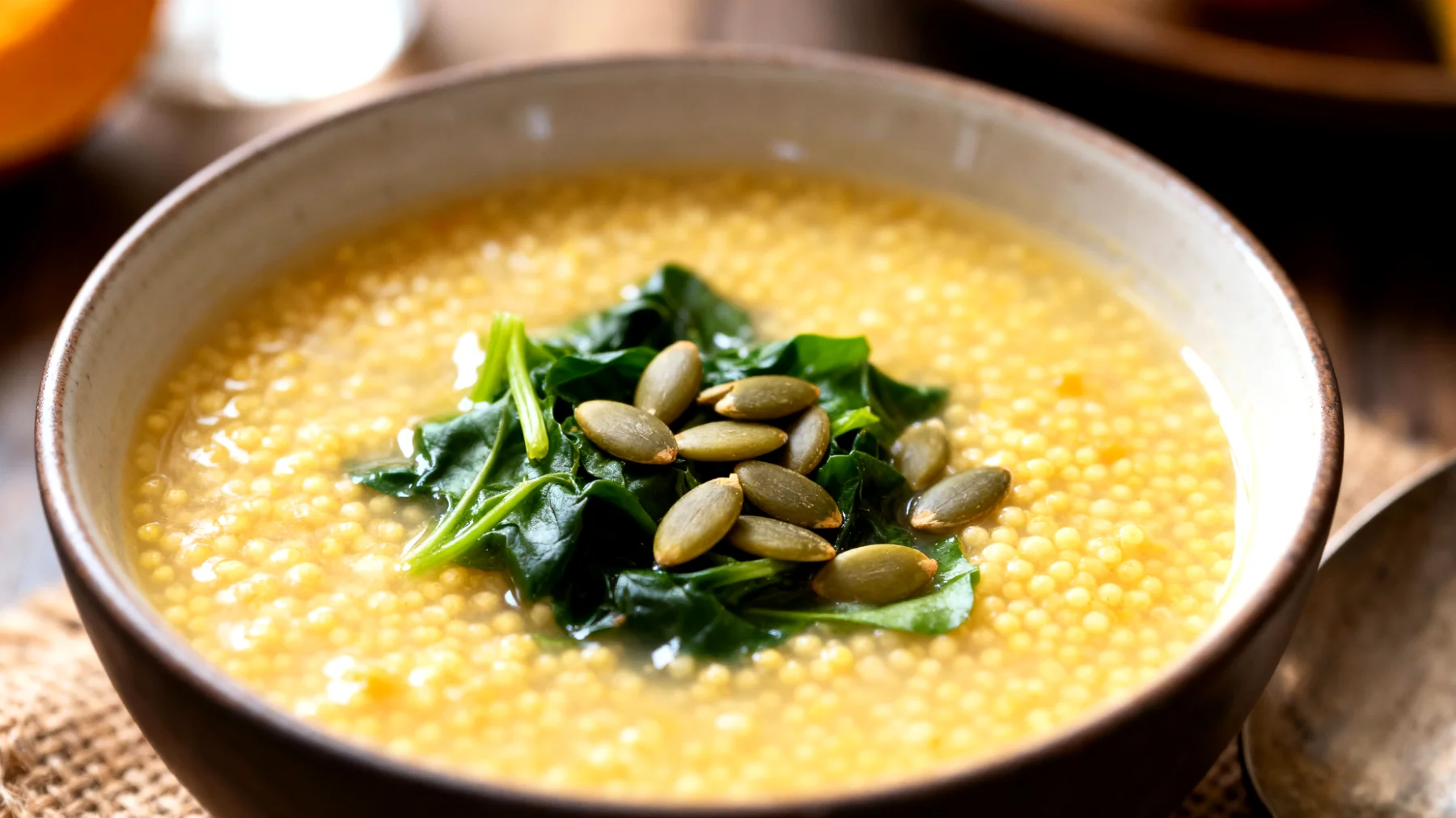 Zuppa di miglio con verdure a foglia verde e semi di zucca"