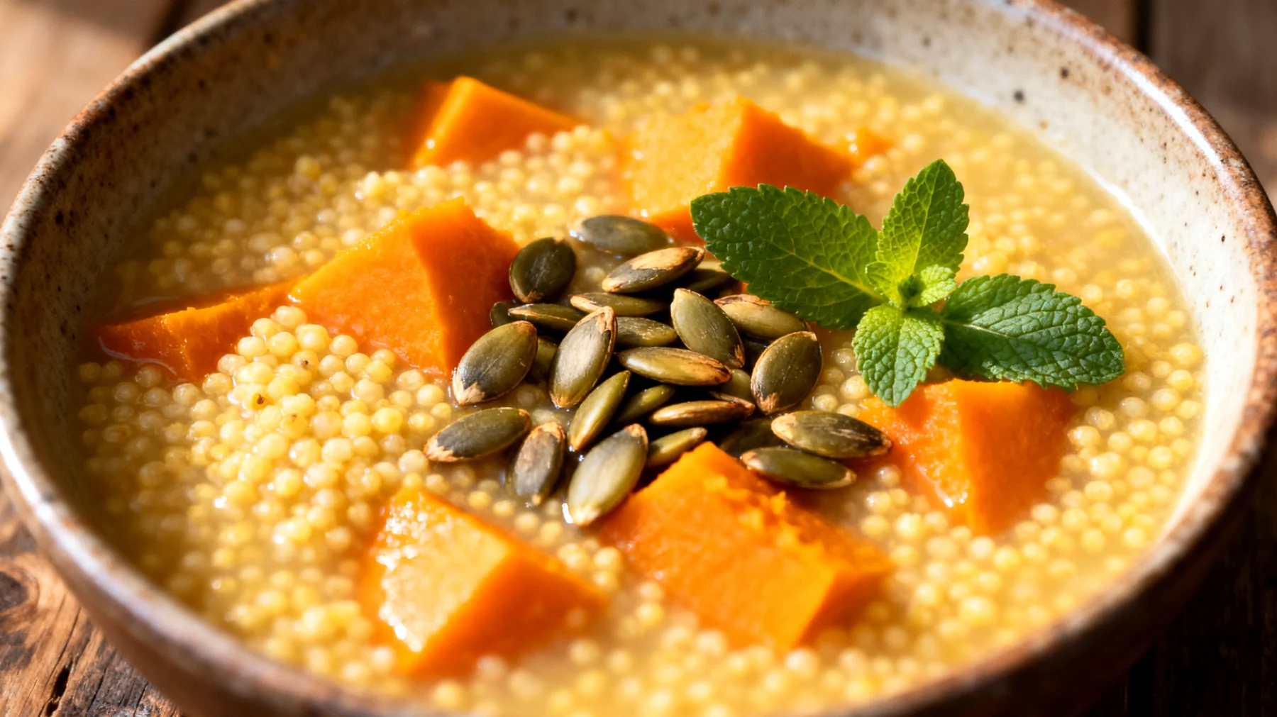 Zuppa di miglio con zucca, semi di zucca e melissa"