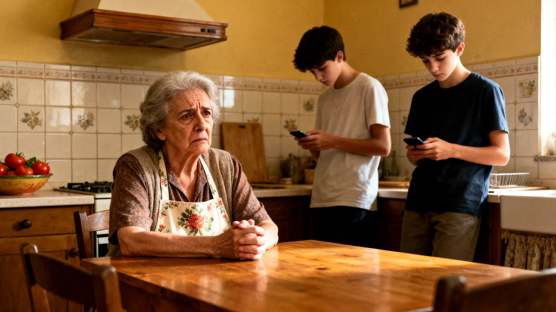 Nonna che fatica a comunicare con nipoti adolescenti che si chiudono, rispondono a monosillabi e sembrano distanti e disinteressati al dialogo"