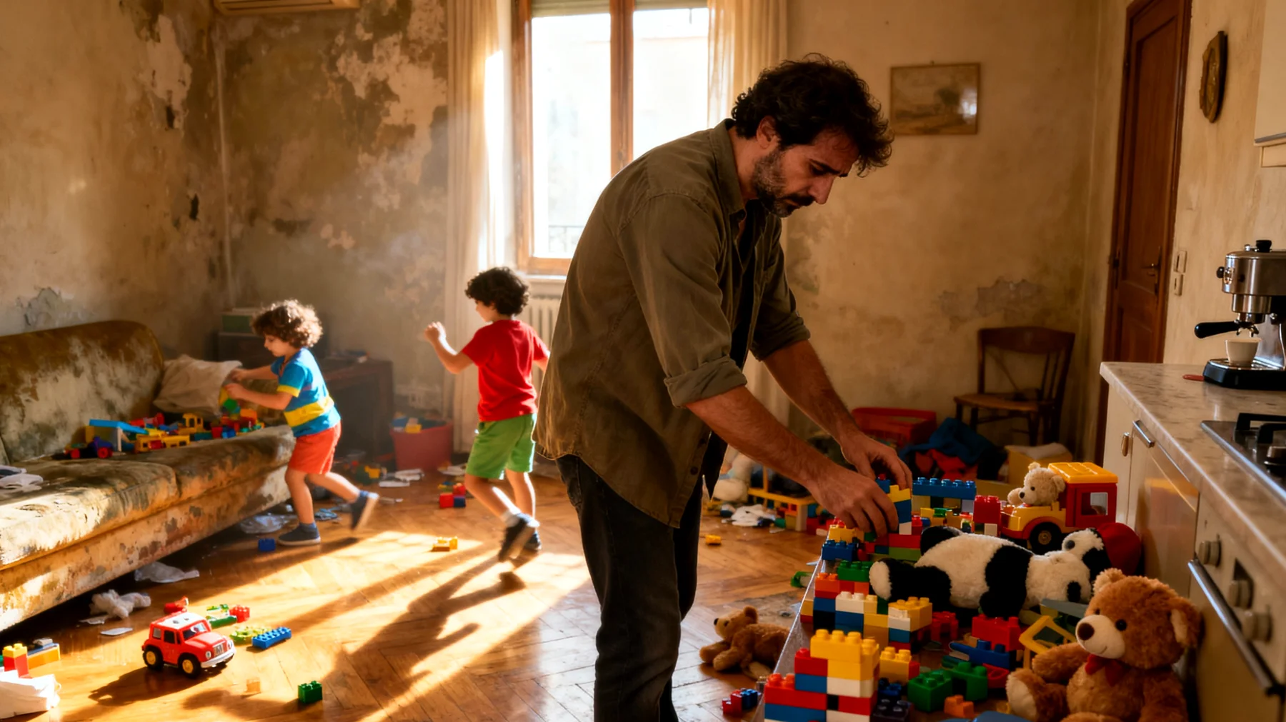 Papà che fatica a coinvolgere i bambini nelle attività quotidiane come riordinare i giocattoli, preparare la tavola o vestirsi da soli, con conseguente sovraccarico di compiti per lui e mancato sviluppo di autonomia nei piccoli"