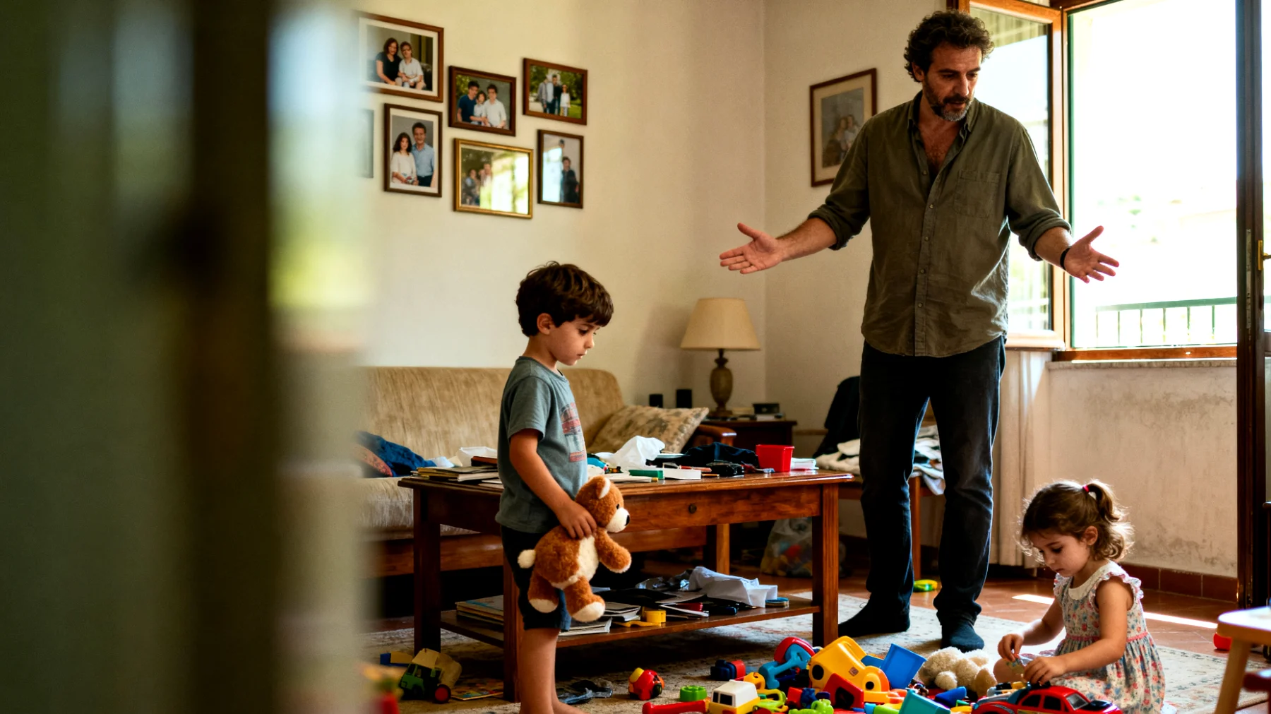 Papà che fatica a coinvolgere i figli bambini nelle attività quotidiane come riordino giocattoli, preparazione tavola o piccole mansioni domestiche, incontrando resistenza, lamentele e continue distrazioni"